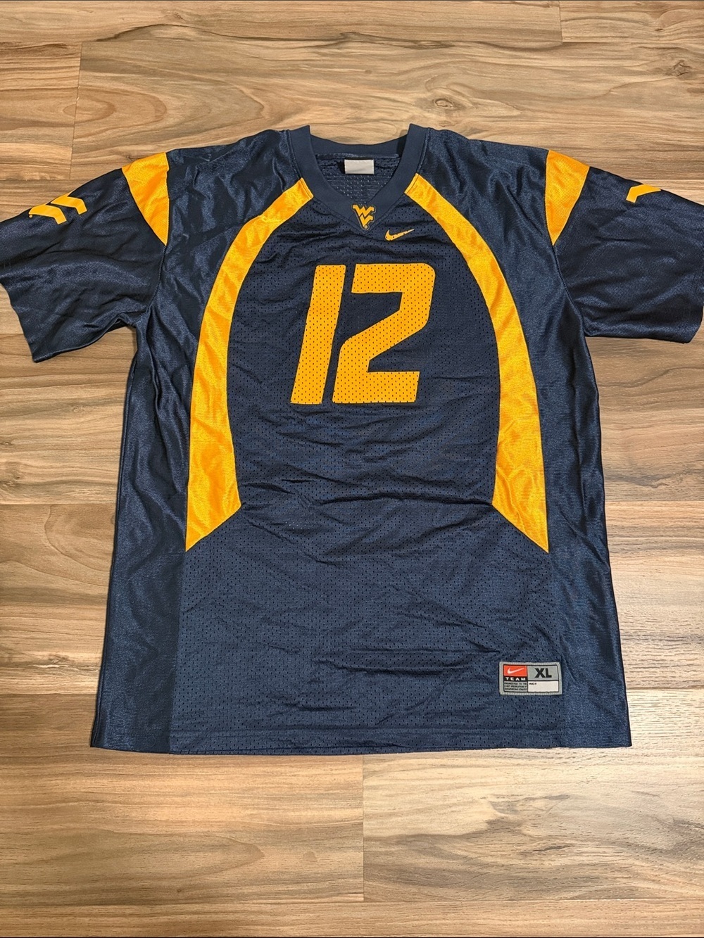 Nike Youth Size XL West Virginia University Football Jersey Gold Navy WVU #12